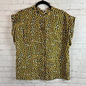 CABI silk gray yellow clover polka dot shirt blouse top short sleeve size XS